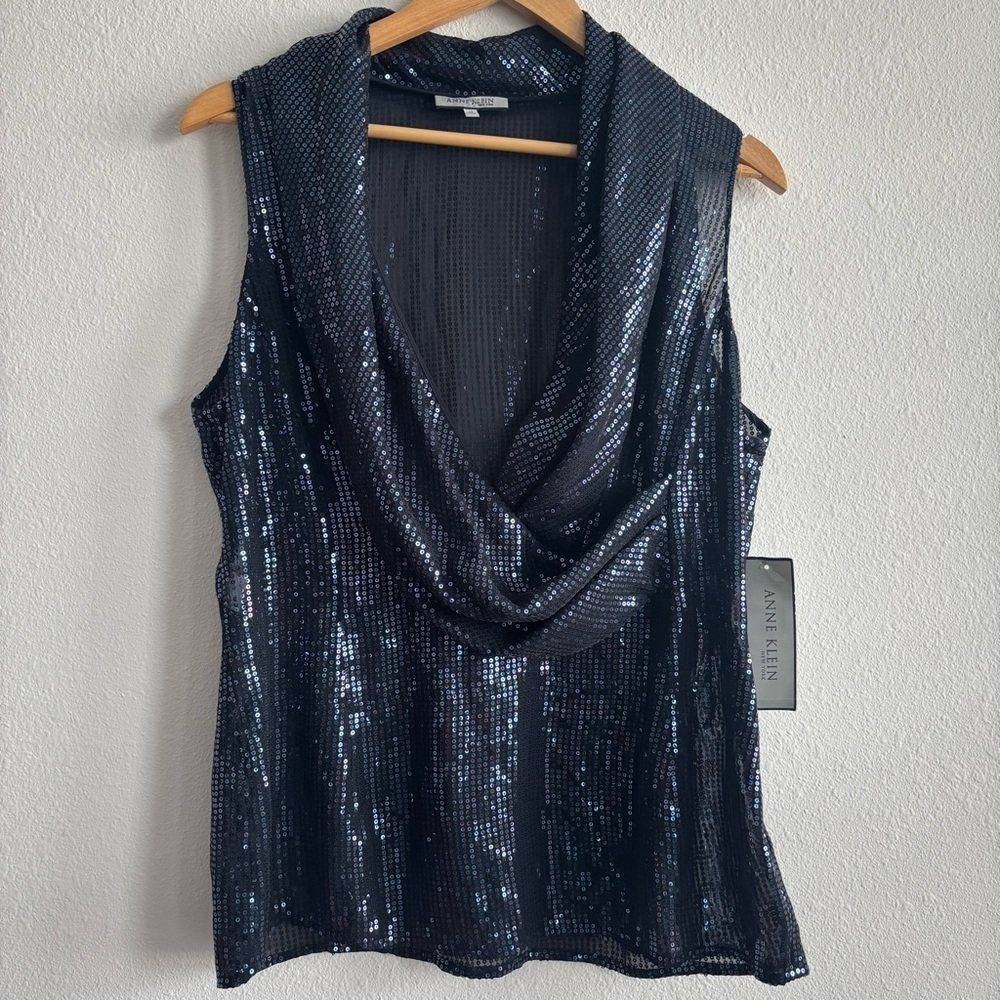 NWT Anne Klein Navy Sequined Sleeveless Blouse Formal Event Designer Top
